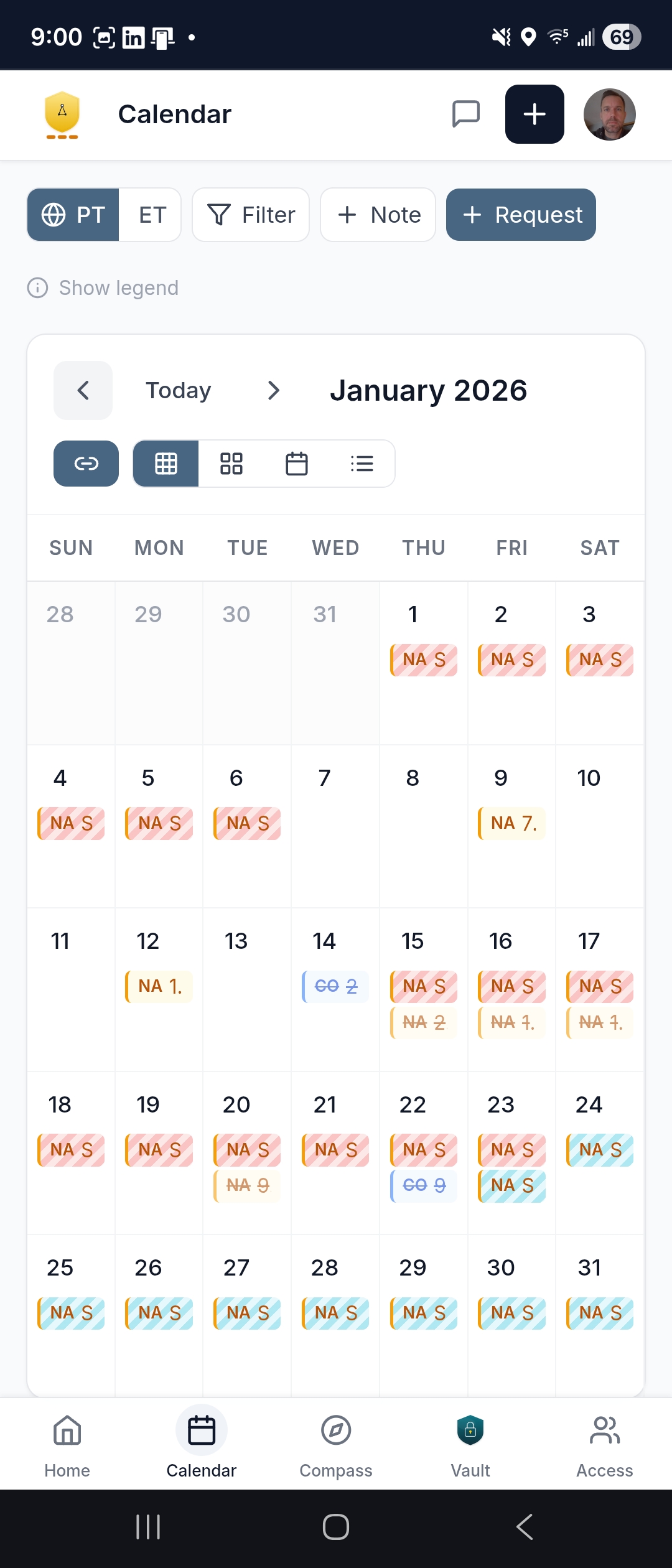 Calendar month view — overview of all appointments at a glance