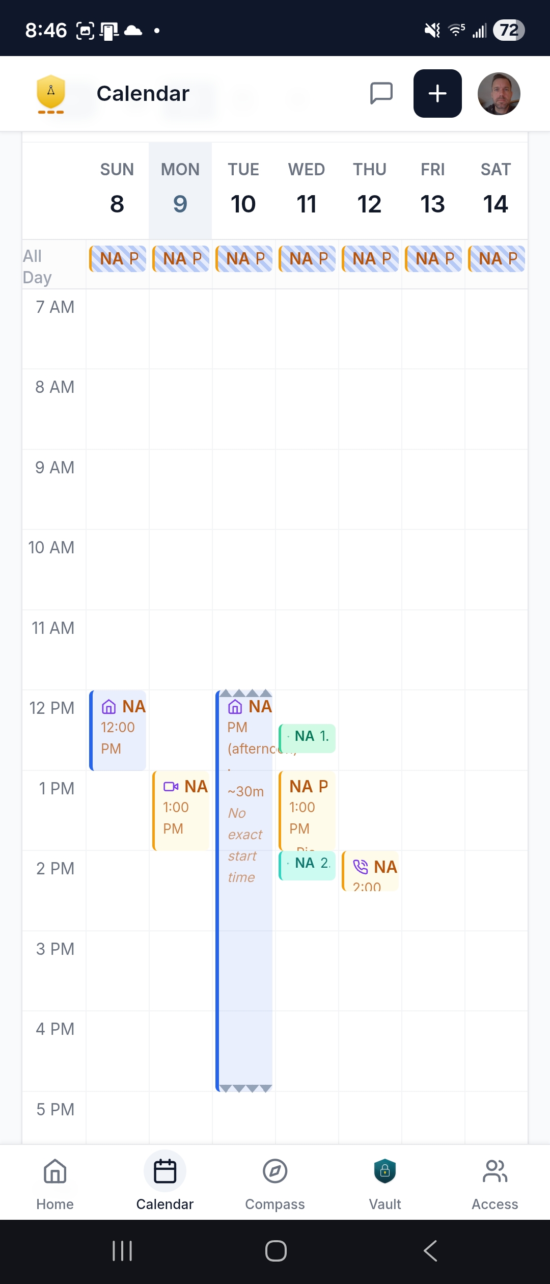 Calendar week view — time-block layout across the full week