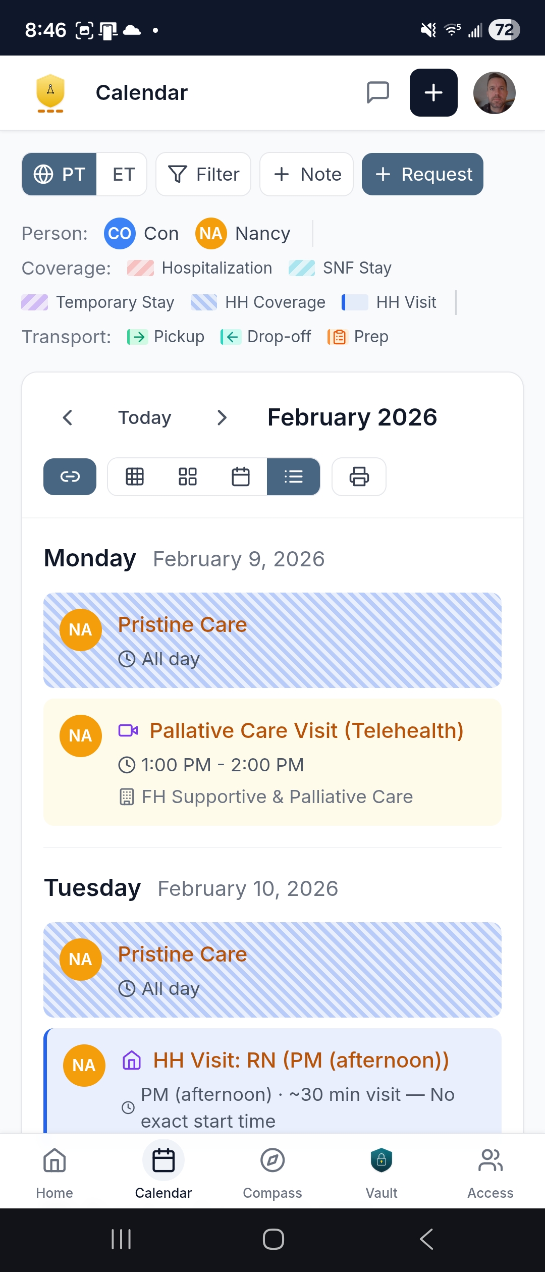 Calendar agenda — color-coded events with providers and coverage indicators