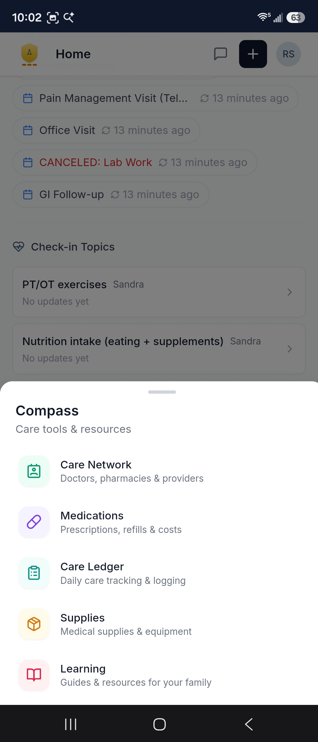 The Compass sheet open over the Averyn app Home screen, listing the care tools with a line of description under each one