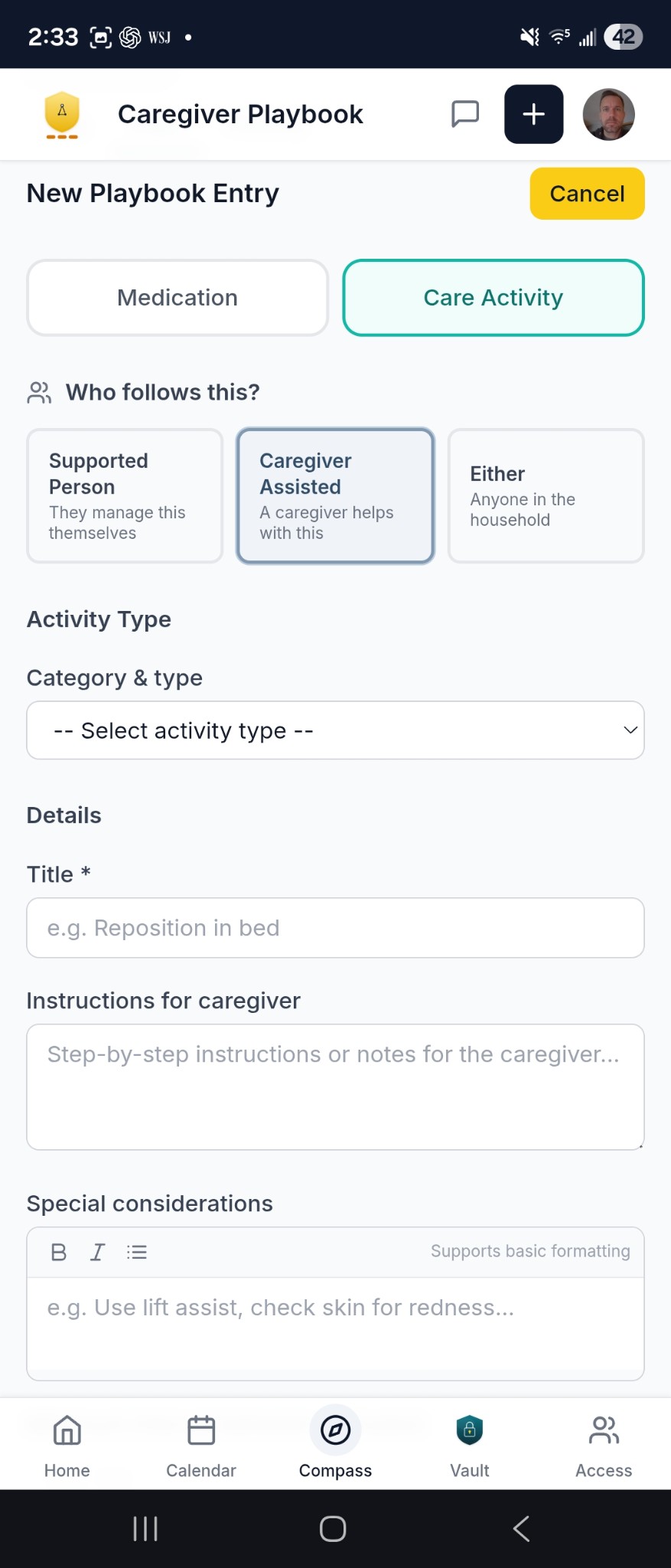 Care Ledger — define a care activity with instructions, responsibility, and special considerations