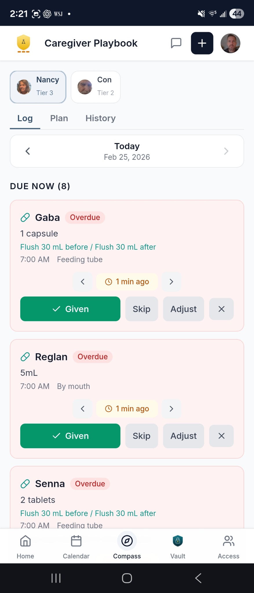 Averyn app — Care Ledger daily log with medication tracking and caregiver actions