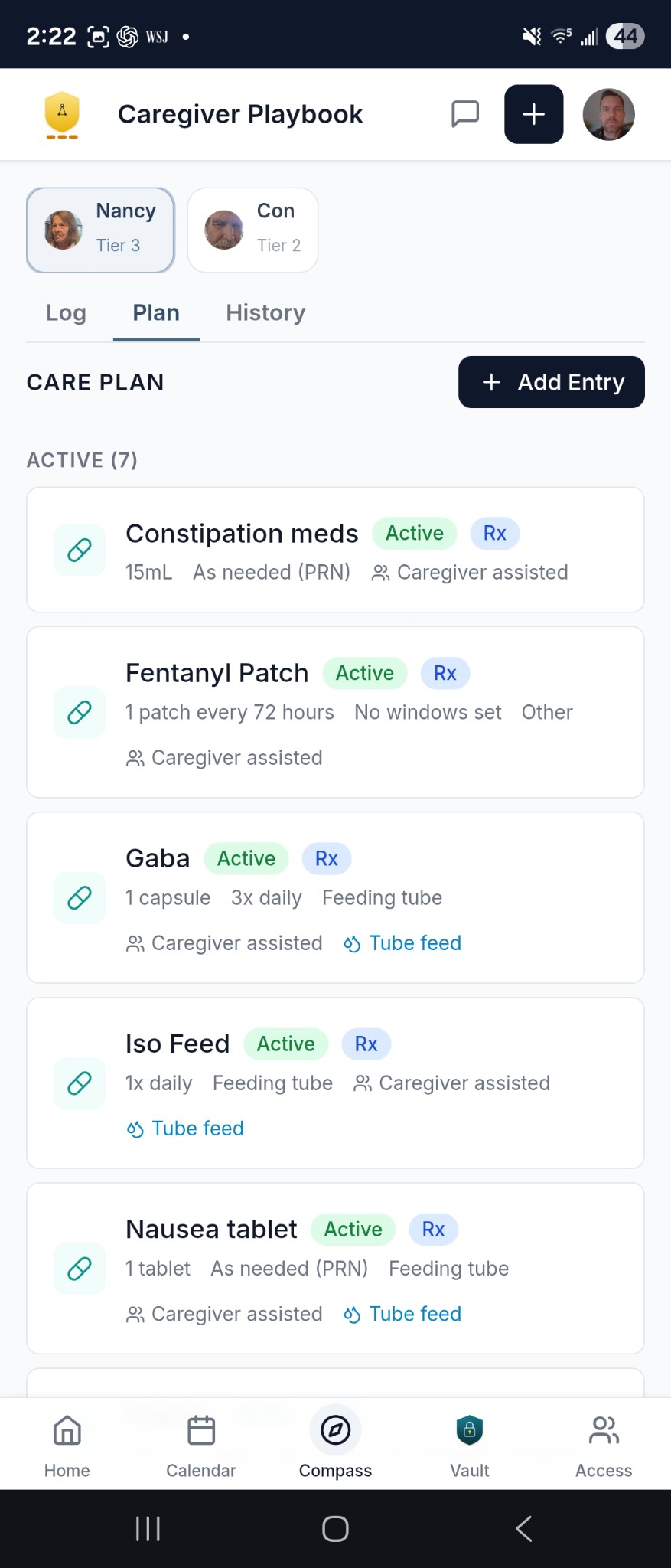 Care Ledger — care plan with active medications, dosages, routes, and schedules