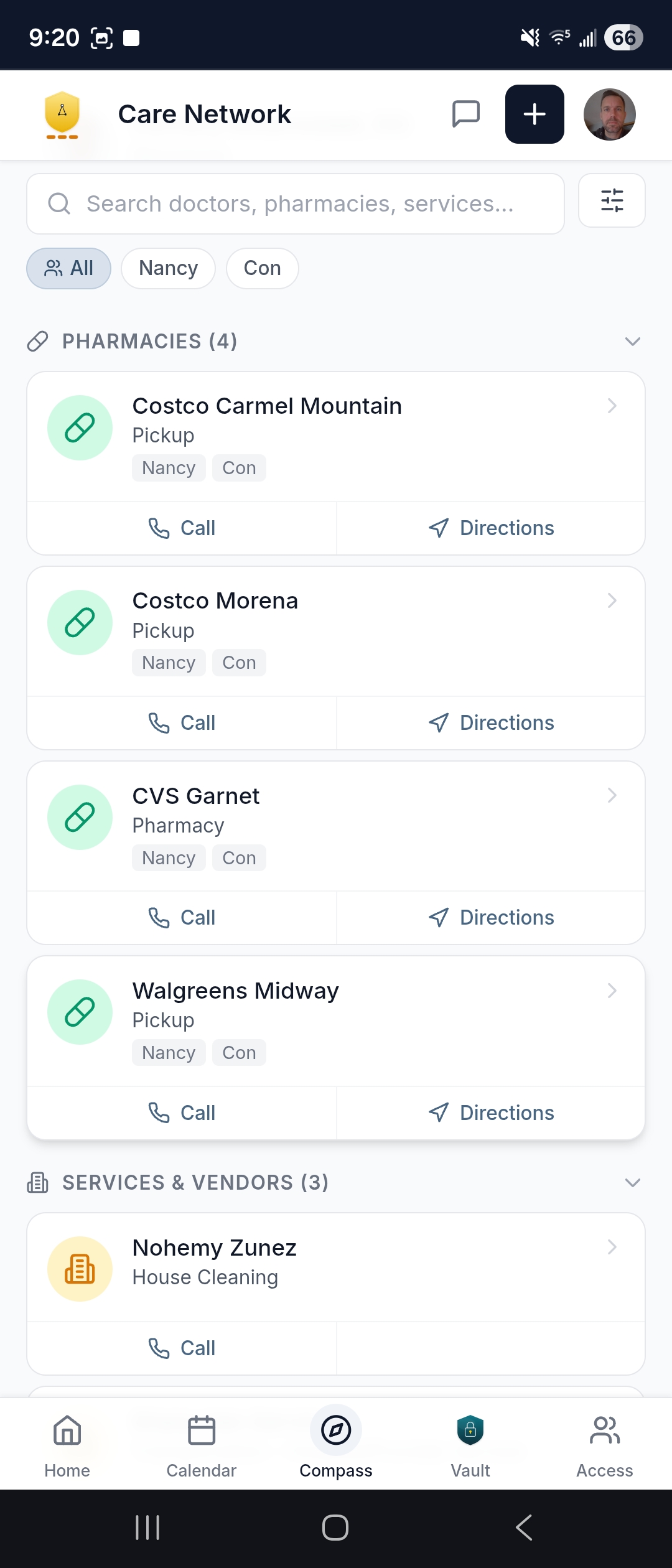 Care Network — pharmacy and vendor filter with contact details