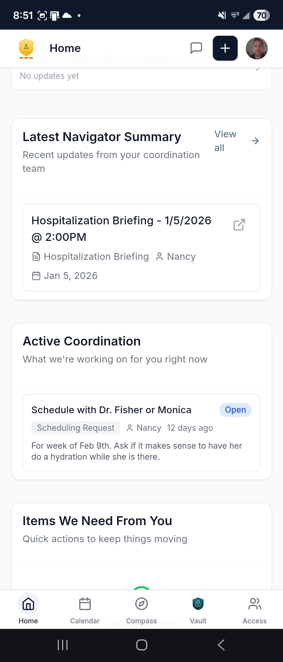 Dashboard — Navigator summary, active coordination, and action items