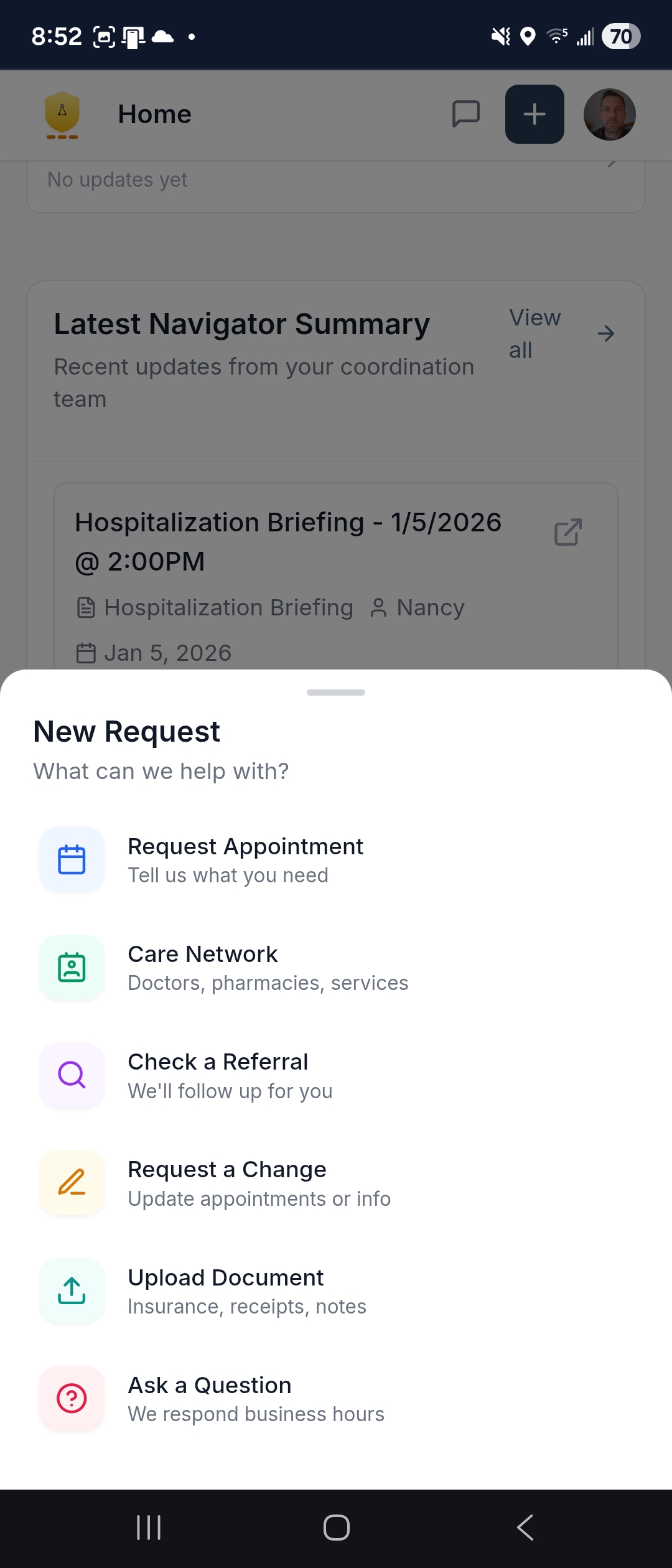 New Request — request appointment, check referral, upload document, ask a question