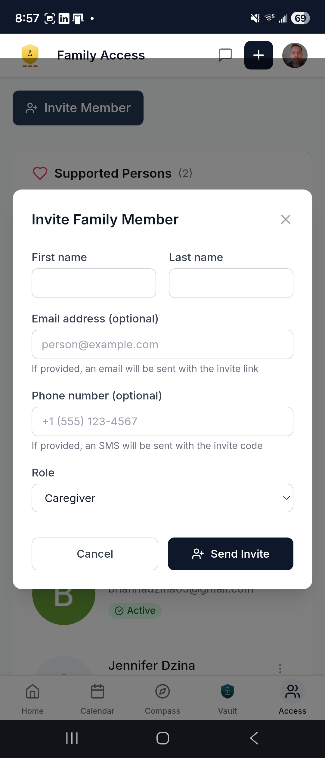 Invite Member — send an invite via email or text