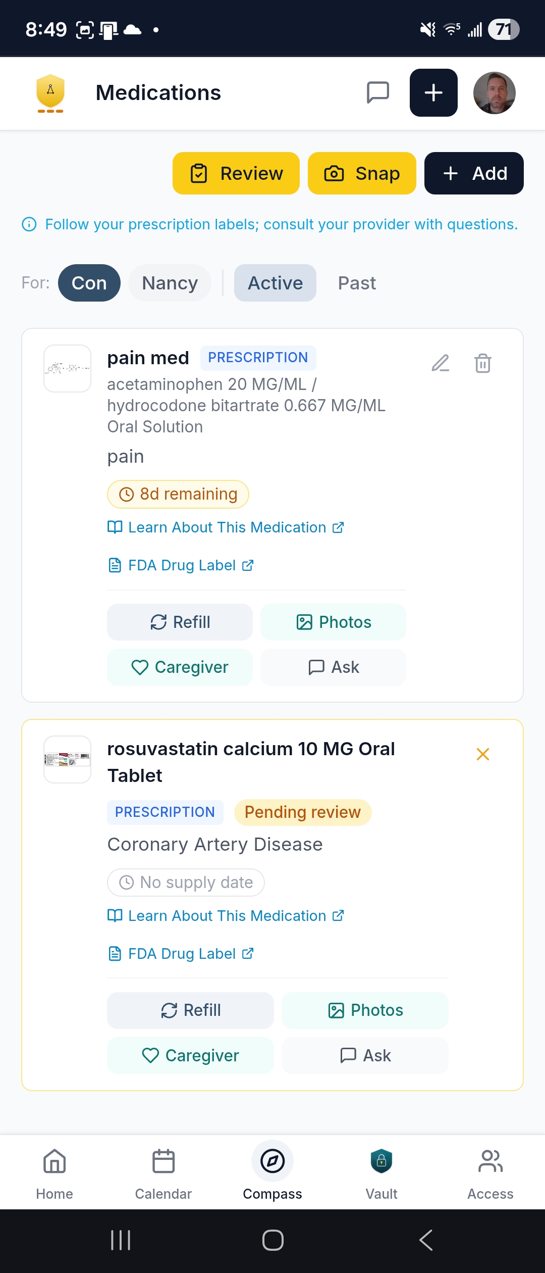 Averyn app — medications with supply countdown and refill buttons