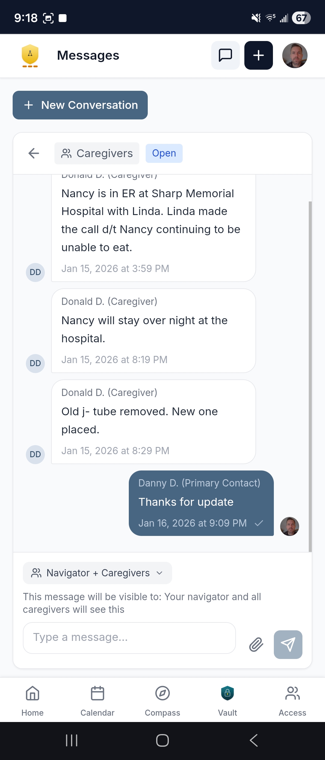 Averyn app — family messaging thread with caregiver updates