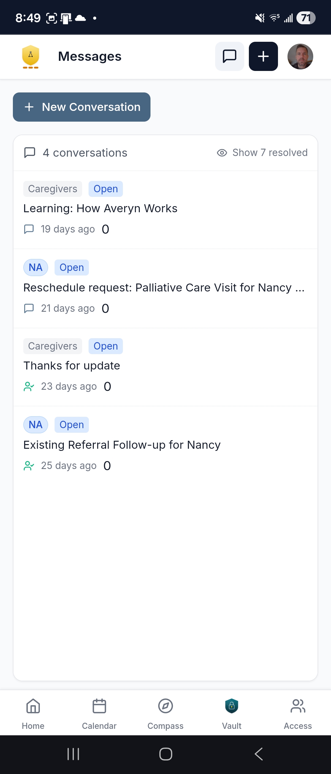 Message inbox — open conversations tagged by patient and topic