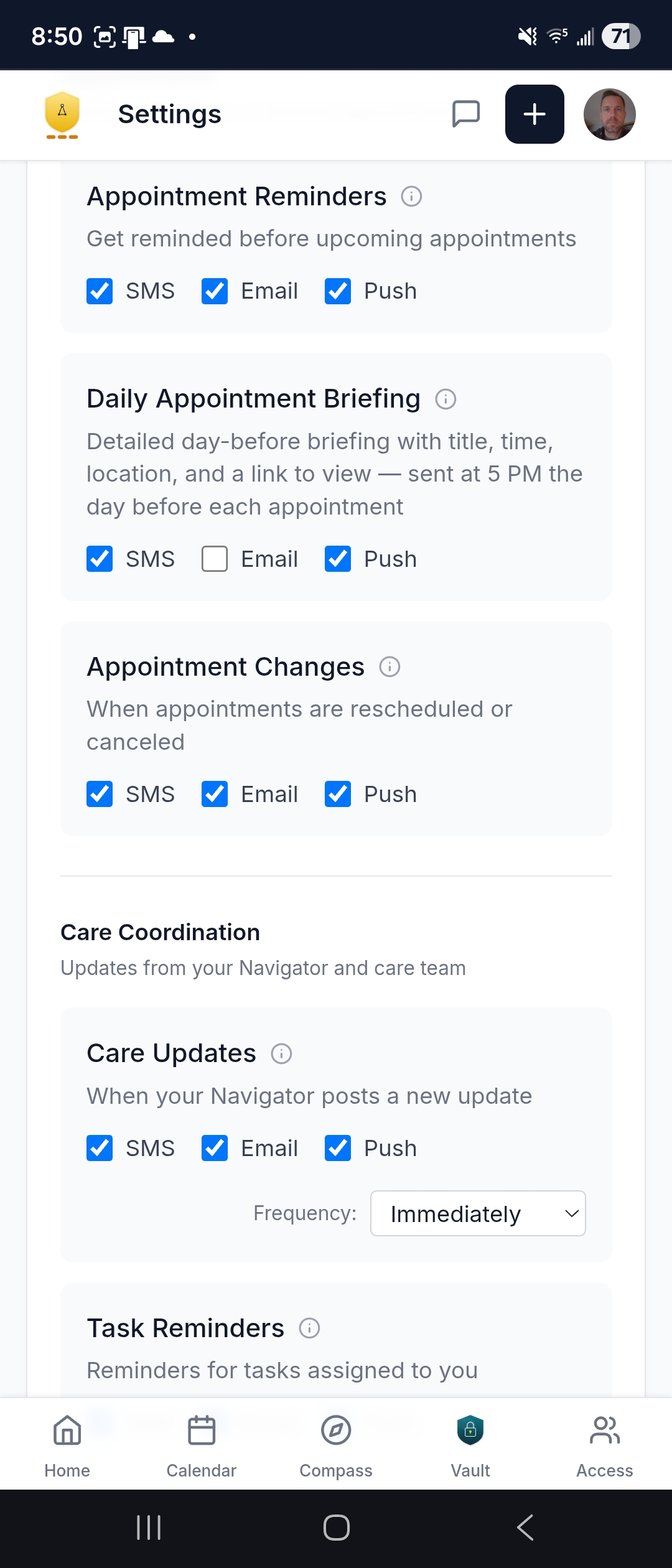 Notification preferences — appointment reminders, care updates, and transportation toggles