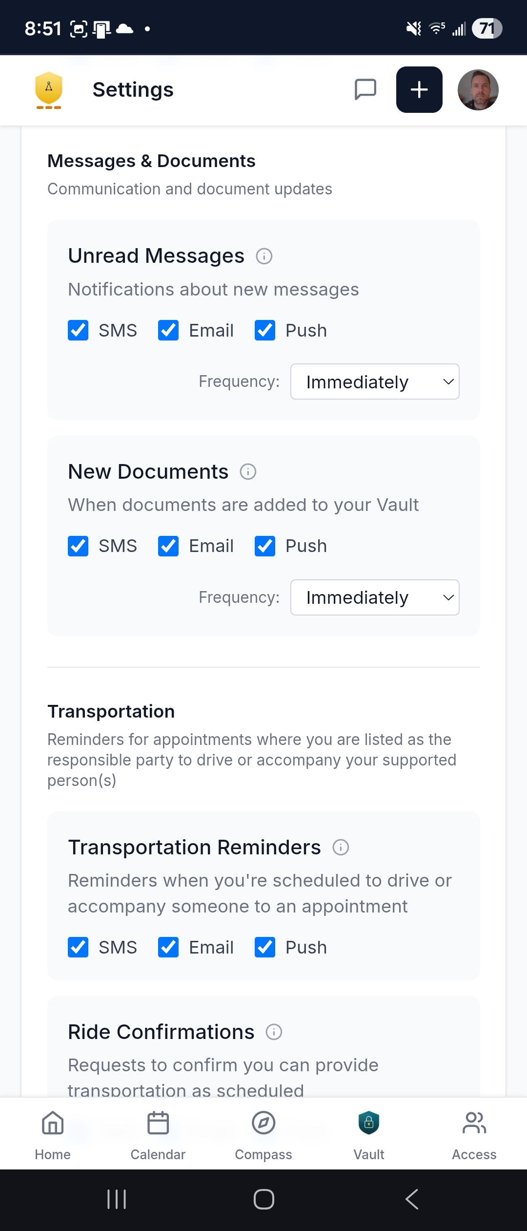Notification preferences — message alerts, document notifications, and digest cadence