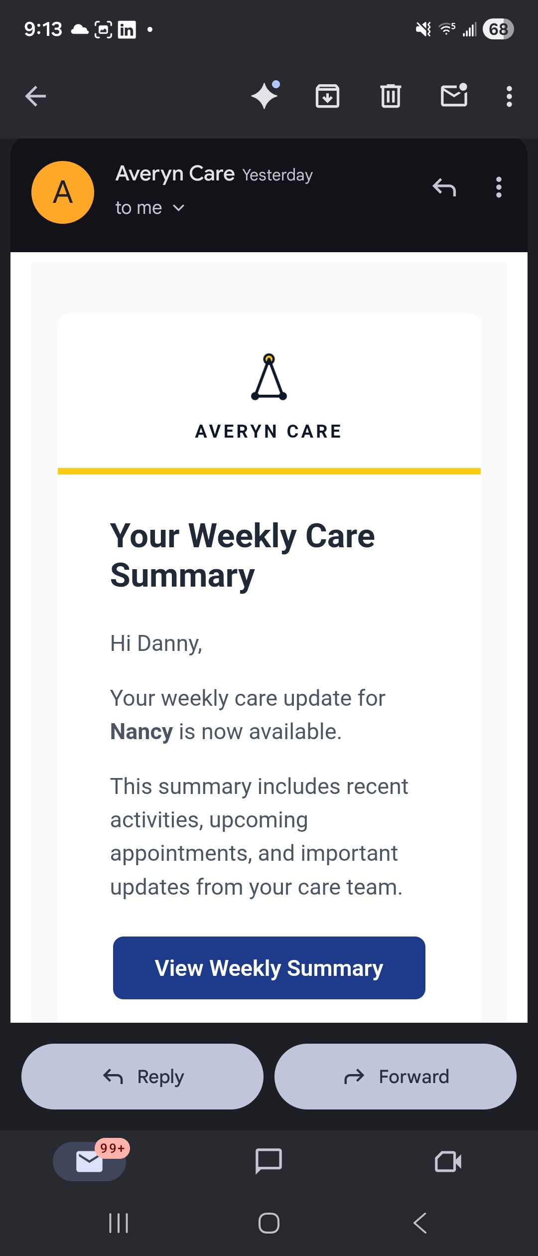 Email notification — weekly summary and coordination updates in your inbox