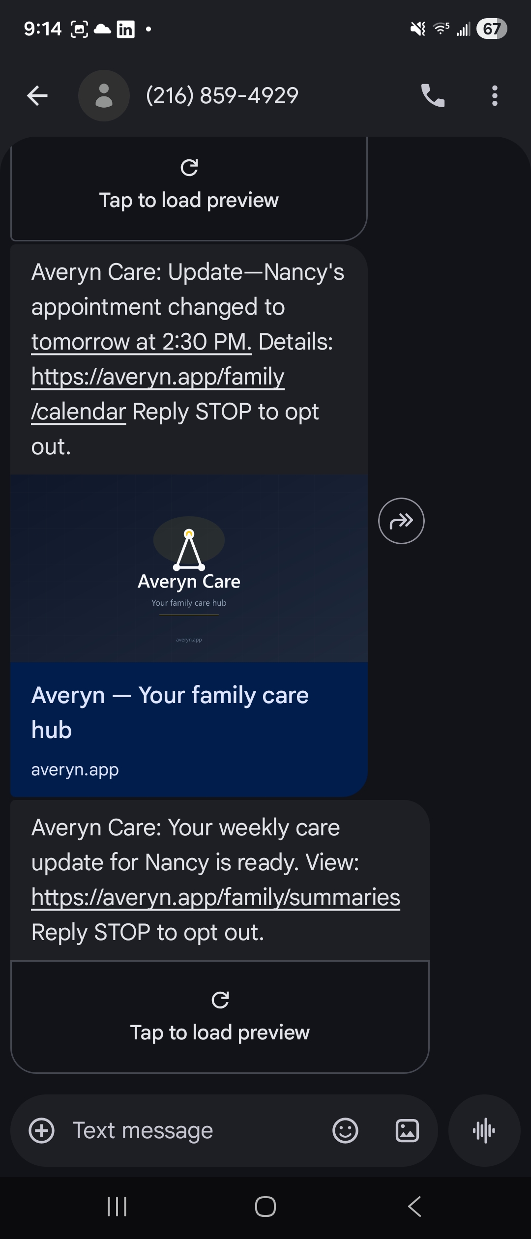 SMS — appointment change alert sent directly to your phone