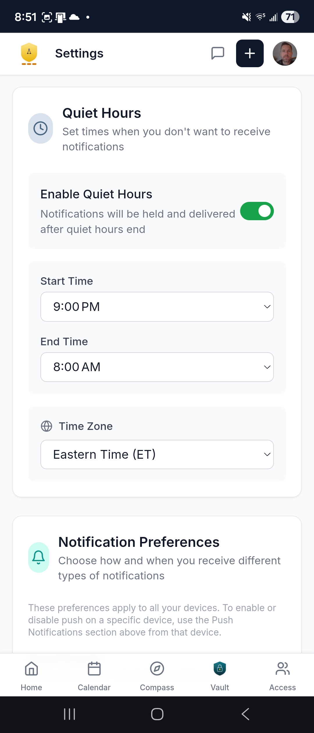 Notification settings — quiet hours, time zone, and per-type preferences
