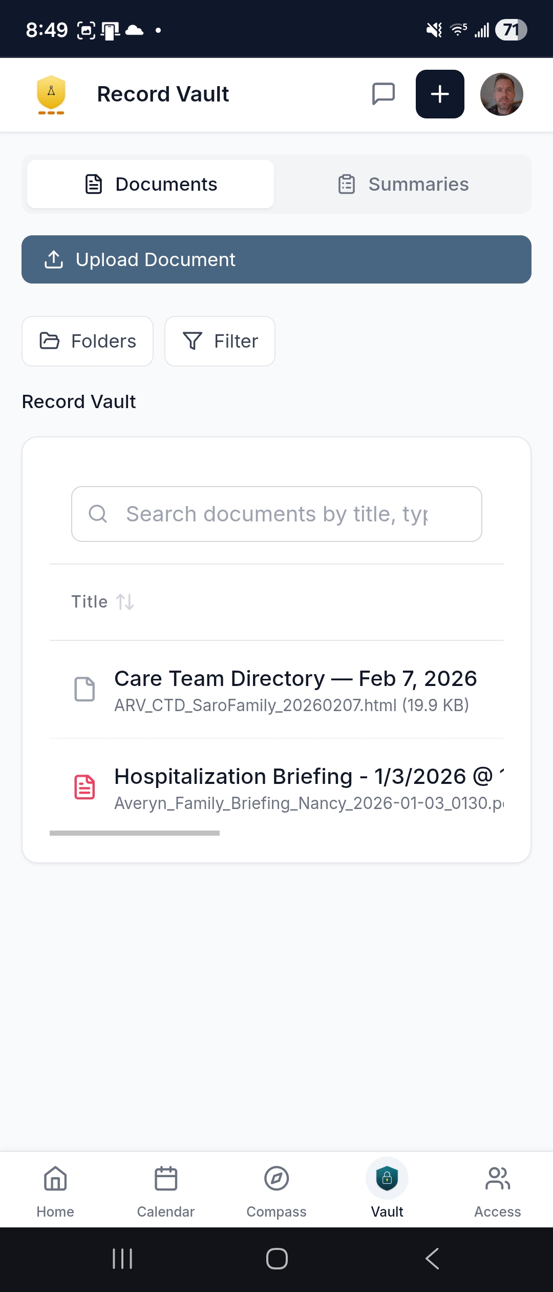 Averyn app — Record Vault with documents and care summaries