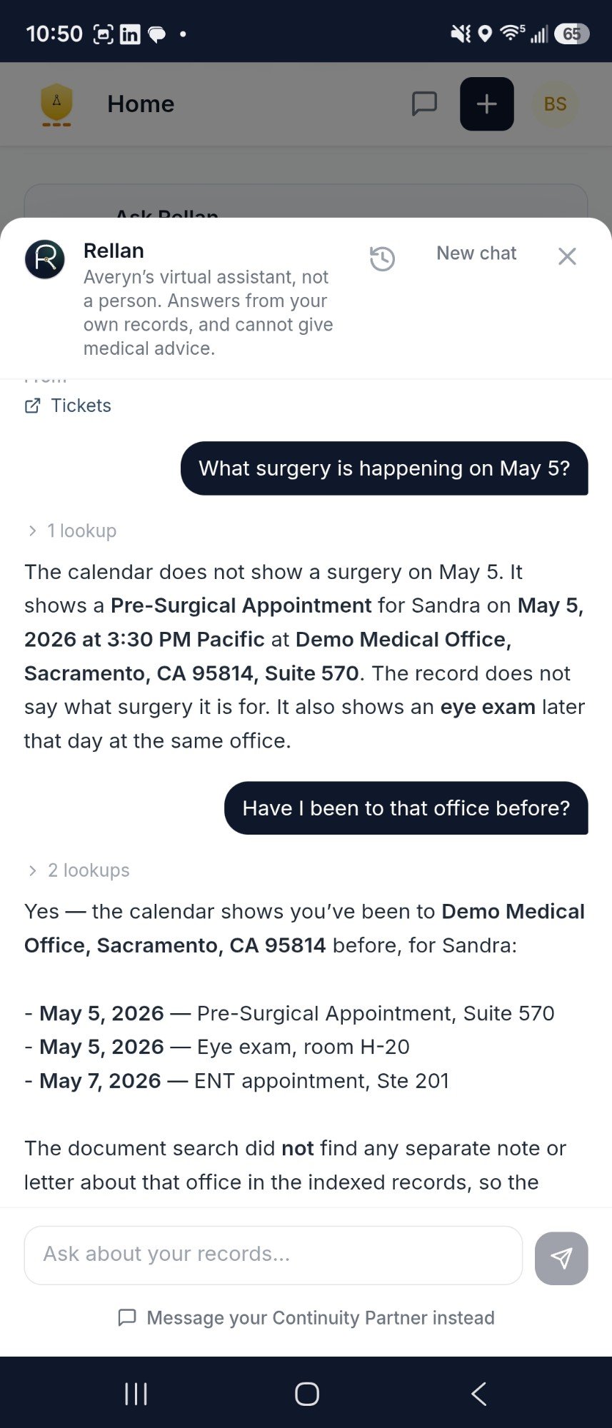 A Rellan conversation in the Averyn app, under the same disclosure. Asked what surgery is happening on May 5, after one lookup it says the calendar shows a pre-surgical appointment that day rather than a surgery, and that the record does not say what surgery it is for. Asked about earlier visits to that office, after two lookups it lists three dated calendar entries at the same demo office and says the document search found no separate note or letter about it