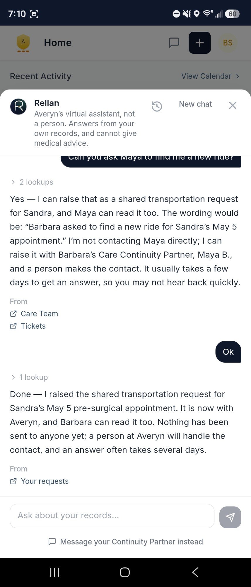 The same conversation after the reply Ok. After one lookup it says it raised the shared transportation request for the May 5 pre-surgical appointment, that the request is now with Averyn and the family member who asked can read it too, that nothing has been sent to anyone yet, and that a person at Averyn will handle the contact, with an answer often taking several days. Its source is listed as Your requests