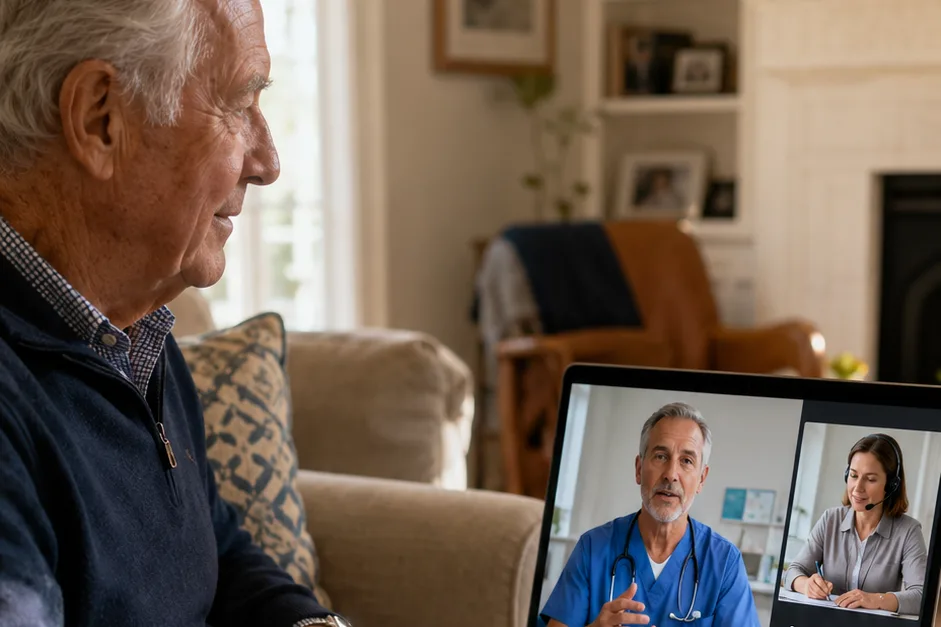 Older man on his living room sofa watching a telehealth visit on a laptop — the doctor on one tile, his Care Continuity Partner (labeled, in a headset, taking notes) on the second tile beside her