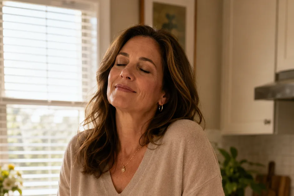 Middle-aged woman standing at her kitchen island, eyes closed in a relieved exhale after a call ended — the Averyn Concierge Line answered, the to-do list moved, and the family didn't have to chase anything