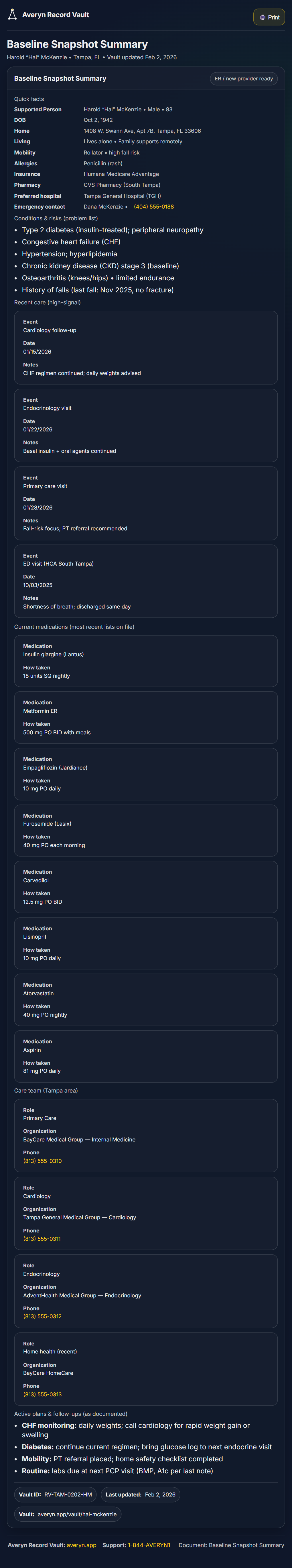 Baseline Snapshot Summary — conditions, medications, care team, and follow-ups in plain English