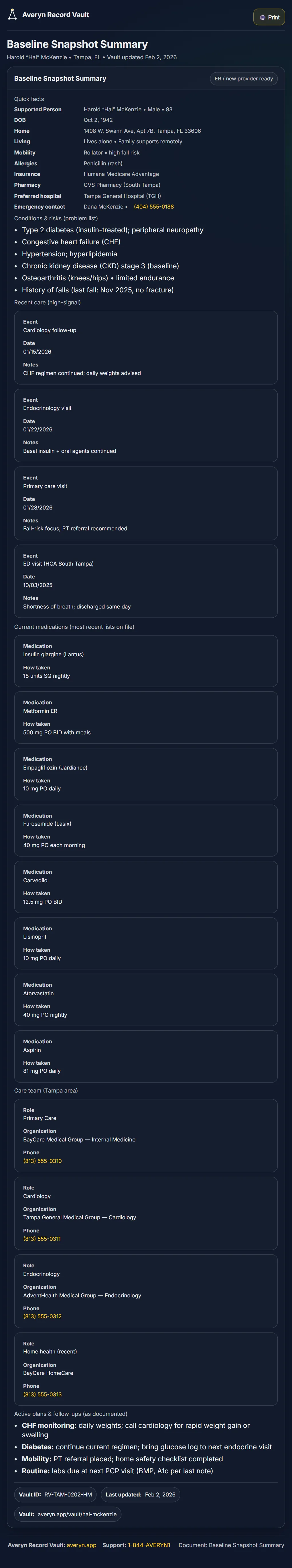 Record Vault: Baseline Snapshot Summary — conditions, medications, and care team at a glance