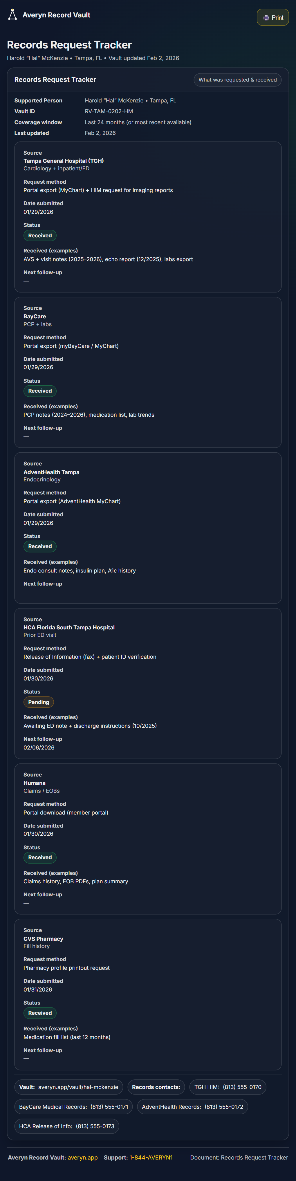 Records Request Tracker — every source identified, requested, and tracked