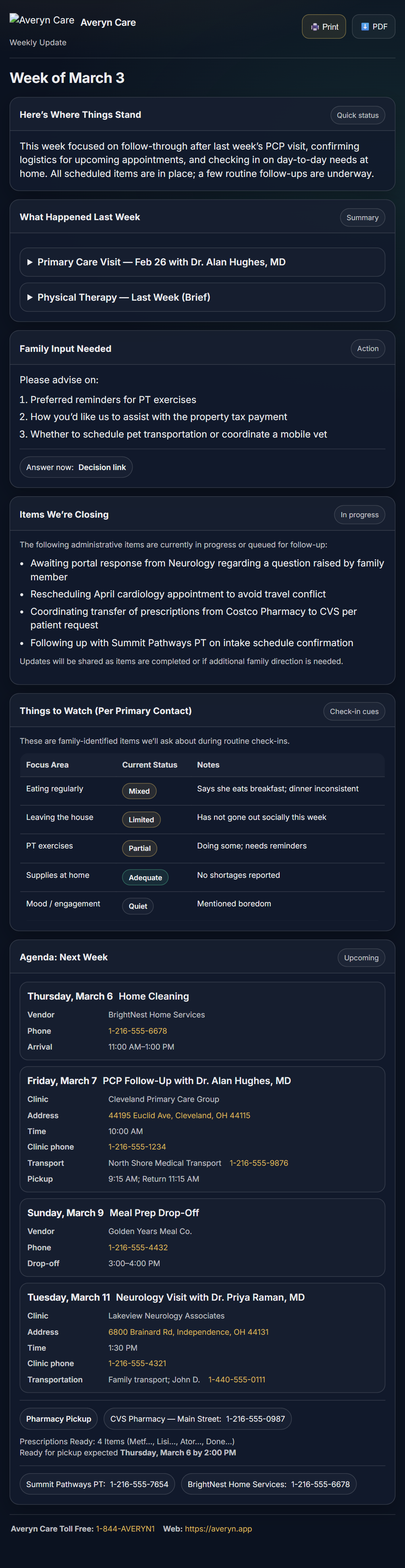 Weekly family update — what moved, what's still open, shared with the whole household