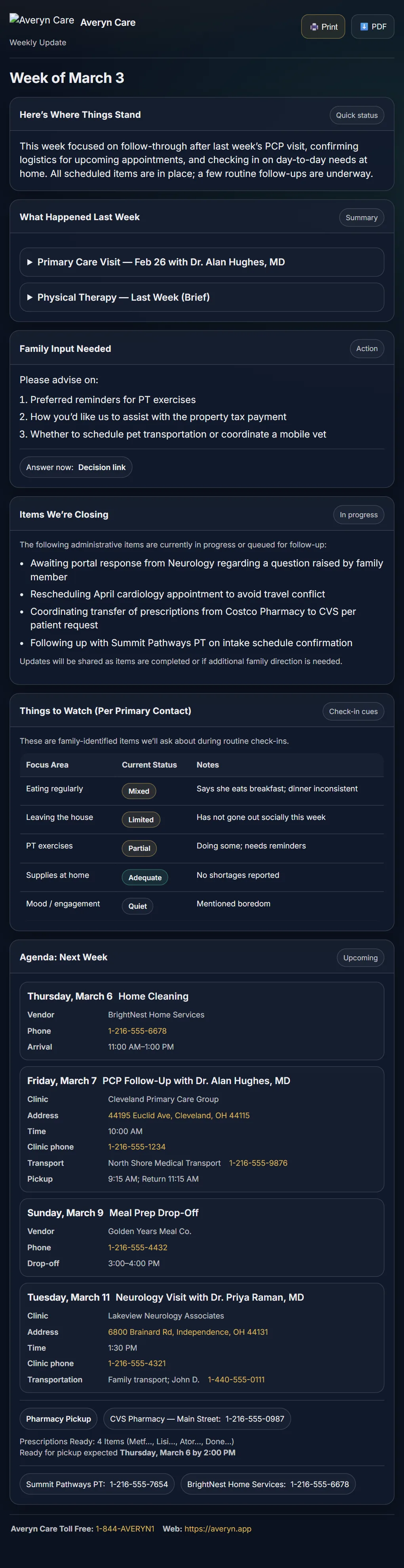 Weekly family update — what moved, what's still open, shared with the whole household