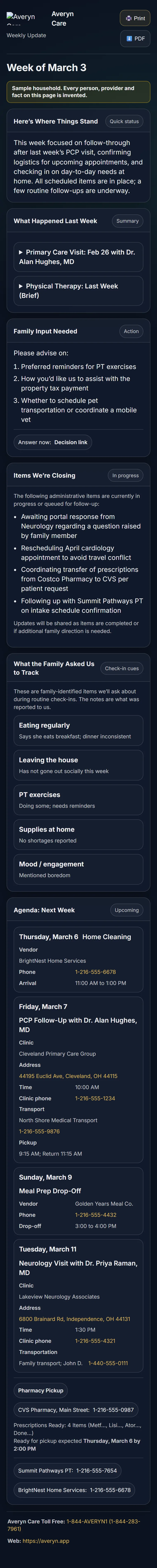 A written family update on a phone: where things stand, what happened last week, what the family is being asked to decide, and the items still open