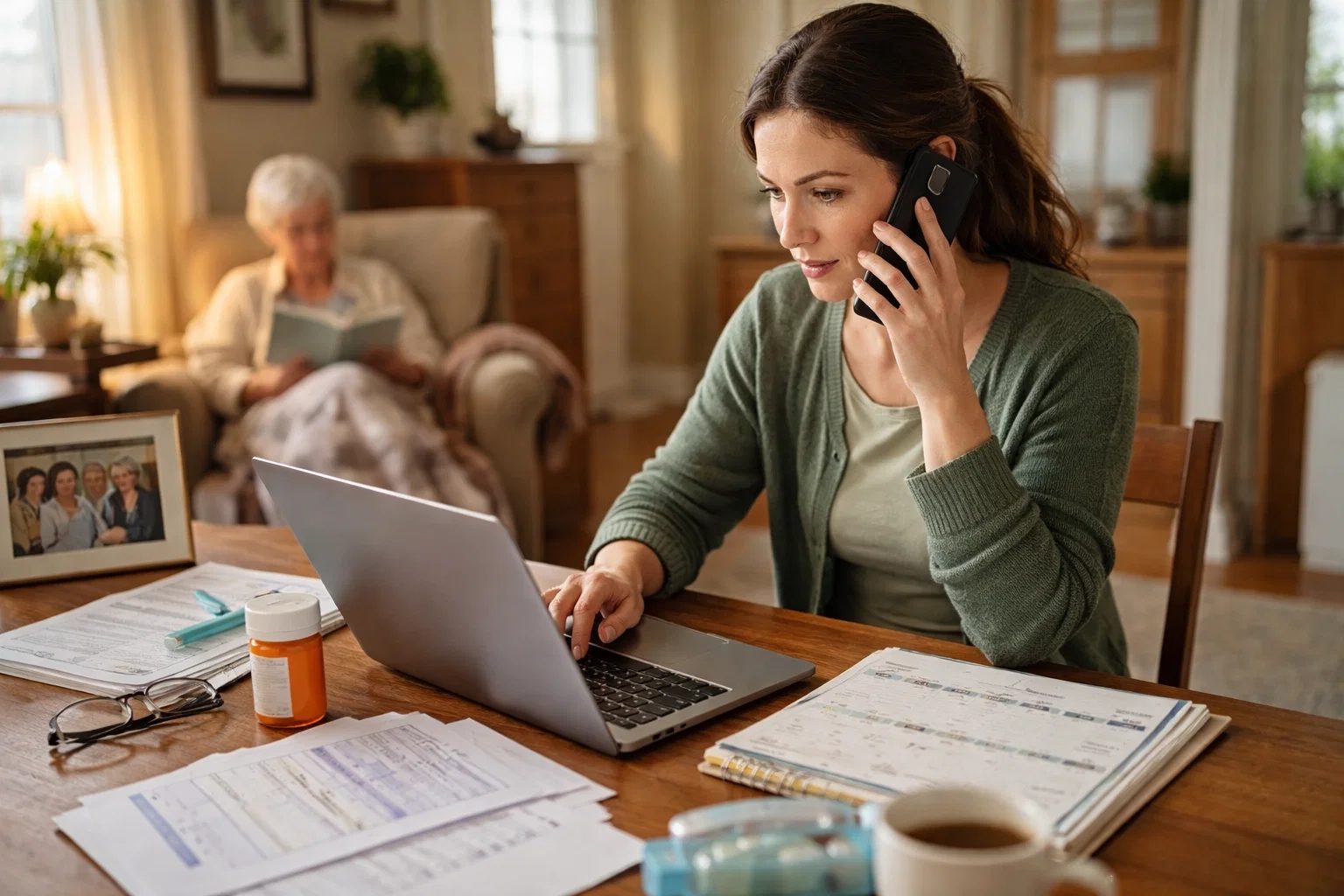 Adult daughter on the phone at a kitchen table covered in medical paperwork and a laptop, with her mother reading in the background