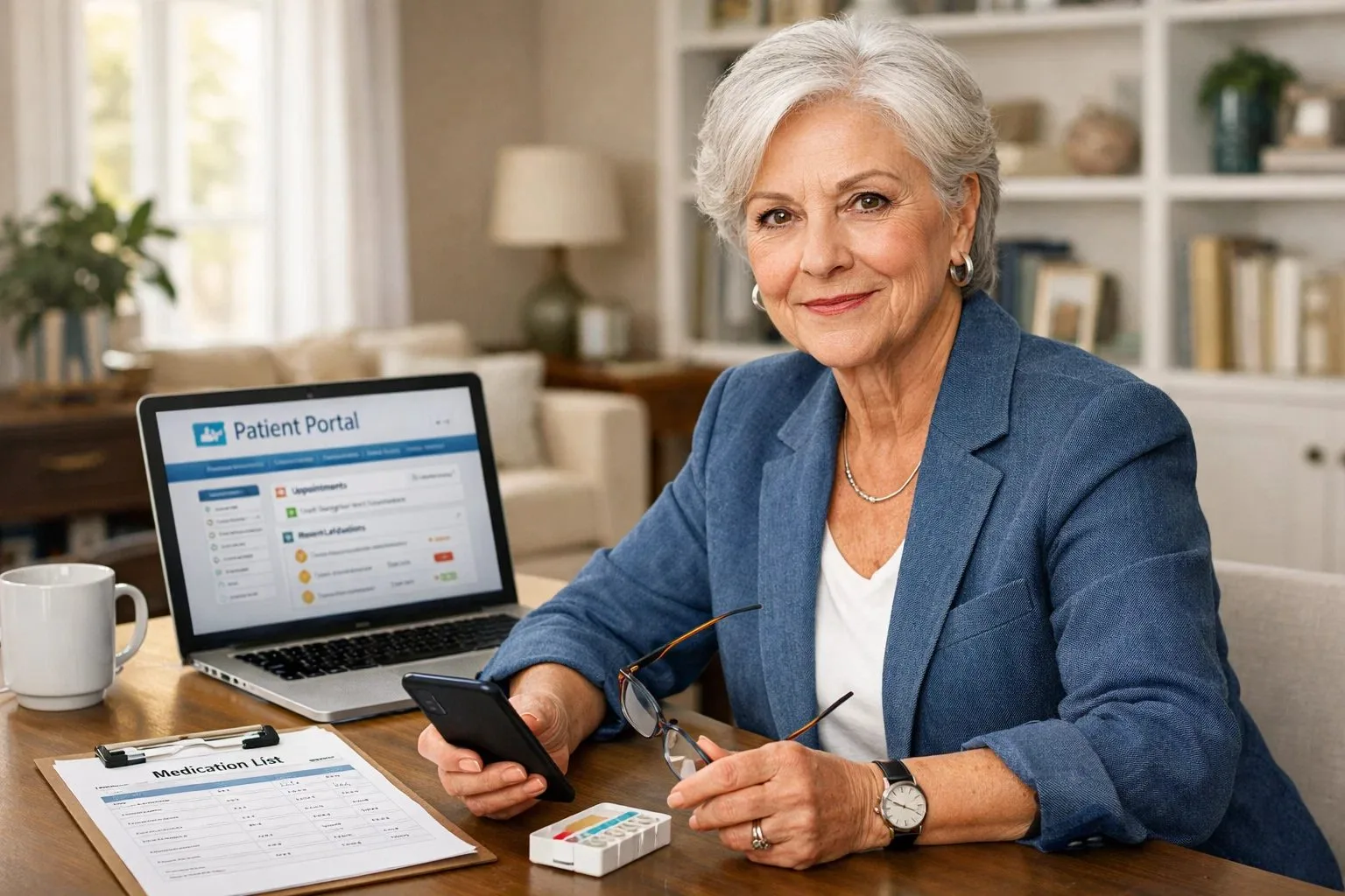 Confident older woman at a desk with a patient portal on her laptop, medication list, phone, and pill organizer