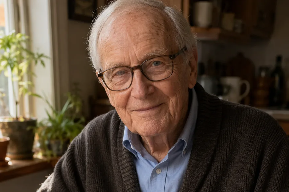 An older man at the corner of his kitchen table in soft morning light, reading a single-page daily briefing card with a composed smile, coffee and reading glasses beside him.