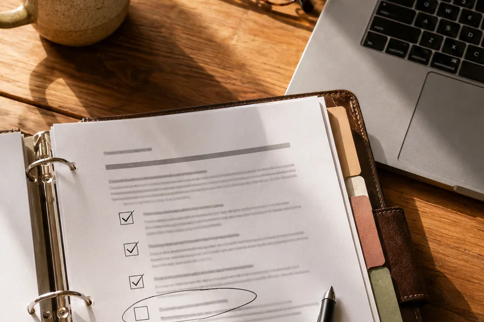 Open benefits binder with tabbed dividers, printed checklist with checkboxes, pen, mug, reading glasses on a warm wood desk