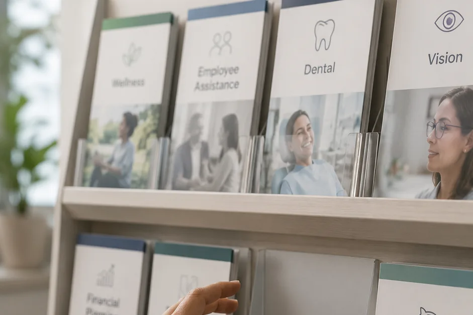 Wall of corporate benefits brochures, all blurred except a hand reaching for an empty Caregiving slot
