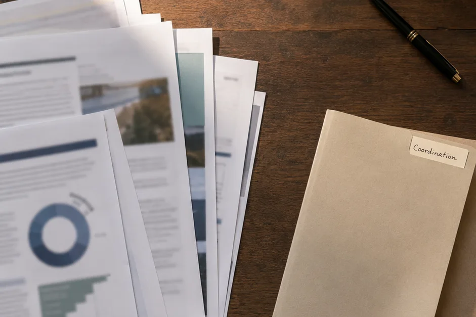 Benefit brochures sorted into two piles on a desk, with a single folder labeled Coordination set apart from a stack of generic flyers.