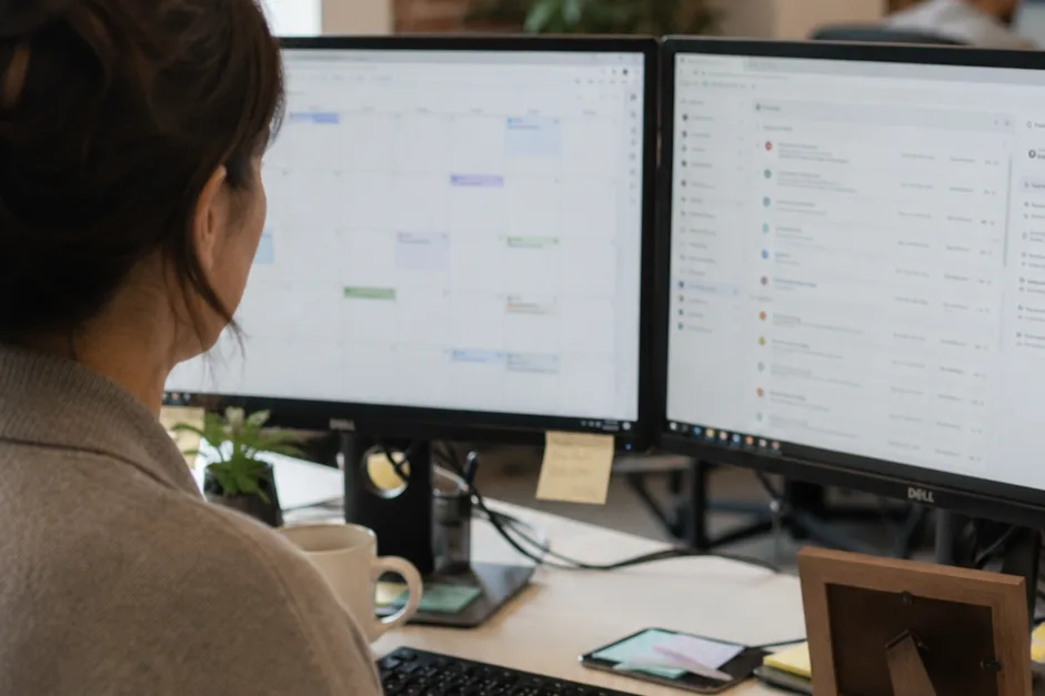 Over-the-shoulder view of a Care Continuity Partner at a clean desk with dual monitors showing a calendar and task list - the execution work behind a family's care plan.