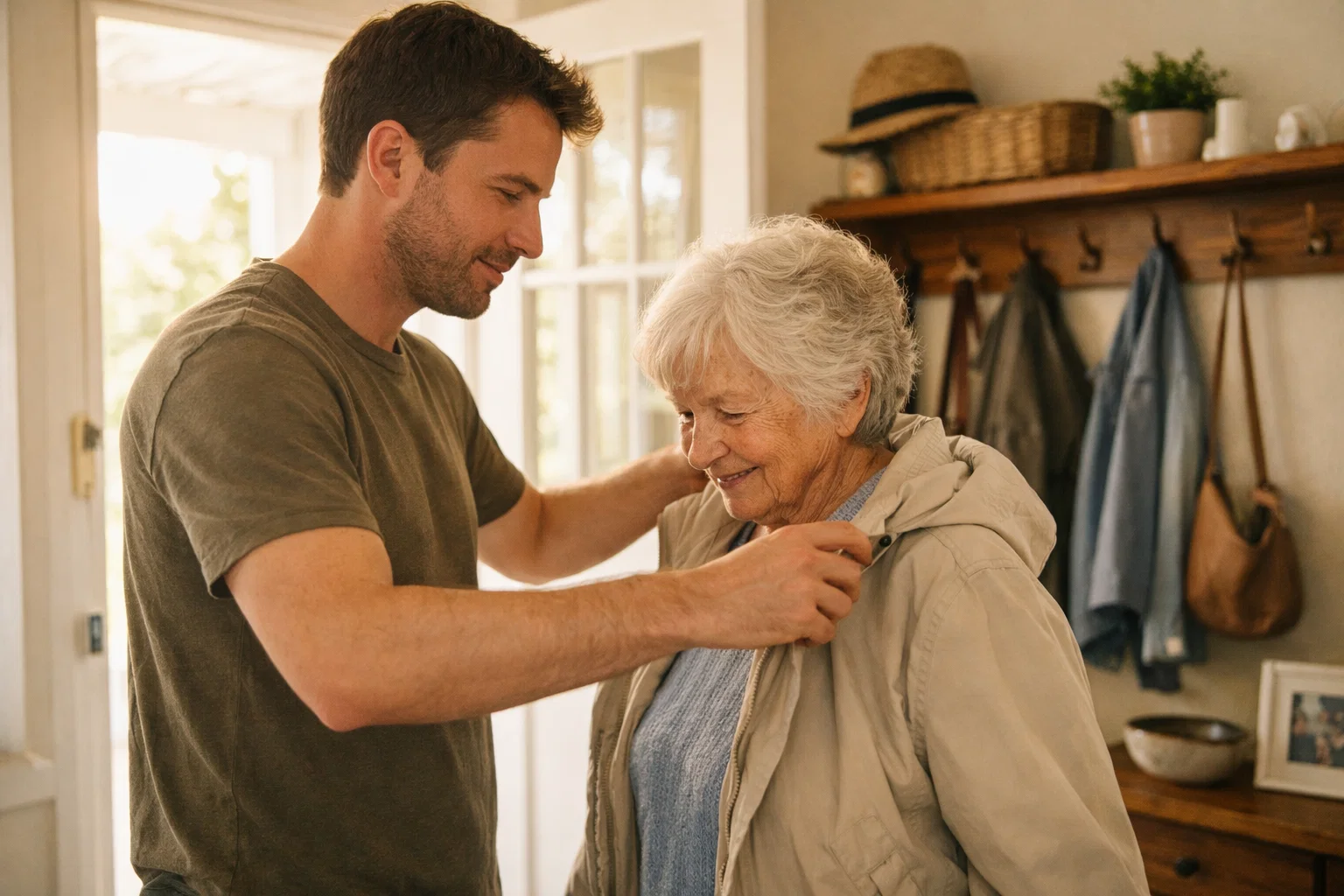 Caregiver standing calmly in a doorway, looking relieved