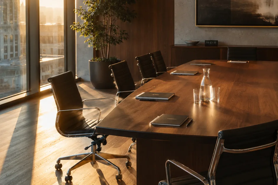 Empty modern conference room at golden hour, two chairs slightly pulled out as if a conversation just ended