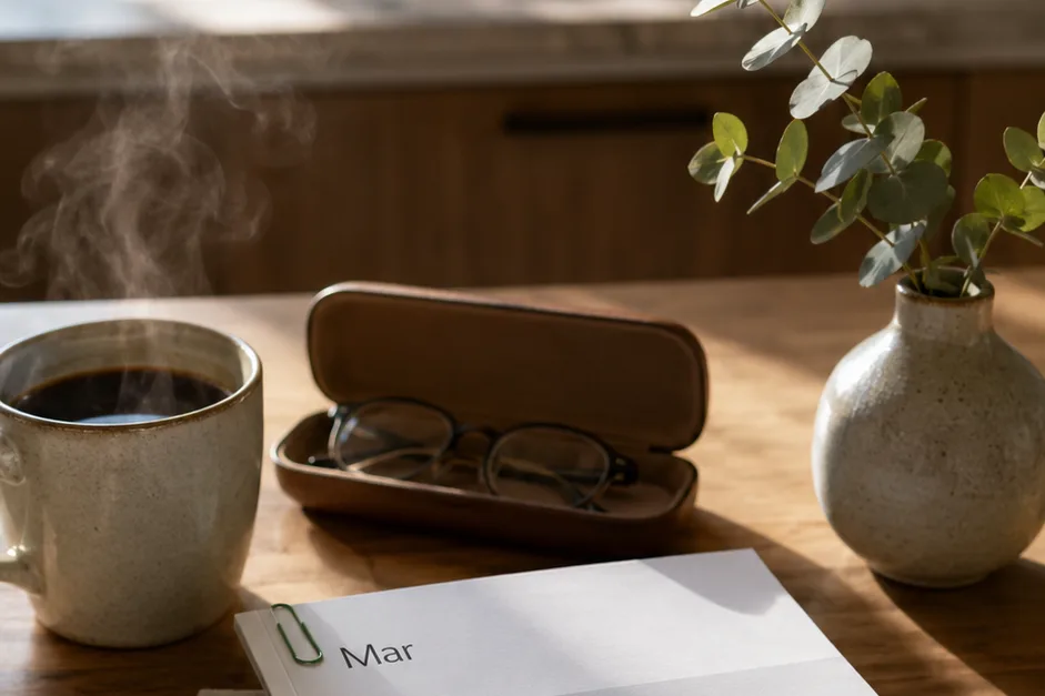 Still life of three monthly briefing reports with colored paperclips on a linen napkin, a coffee mug, an open glasses case and a sprig of eucalyptus on a warm wood kitchen counter.