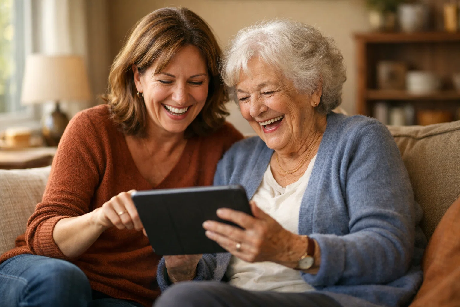 Adult daughter and her elderly mother sitting together on a living room sofa in warm window light — connection, togetherness, relief that the logistics are handled.