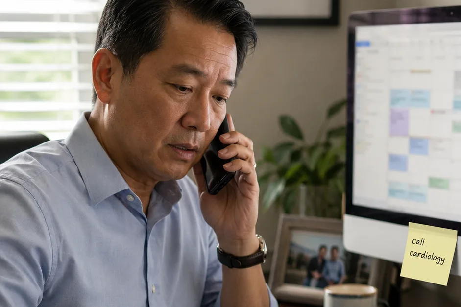 A professional at their work desk on the phone with a clinic, a hospital discharge packet beside a work bag, handling a parent's care during business hours.