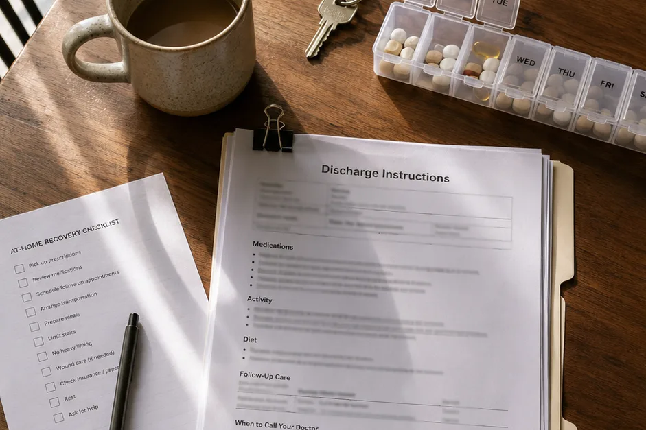 Overhead flat-lay on a warm wood kitchen table: hospital discharge packet under a binder clip, checklist with pen, phone showing a calendar, notebook of handwritten notes, coffee mug, house key on leather fob, and an open weekly pill organizer.