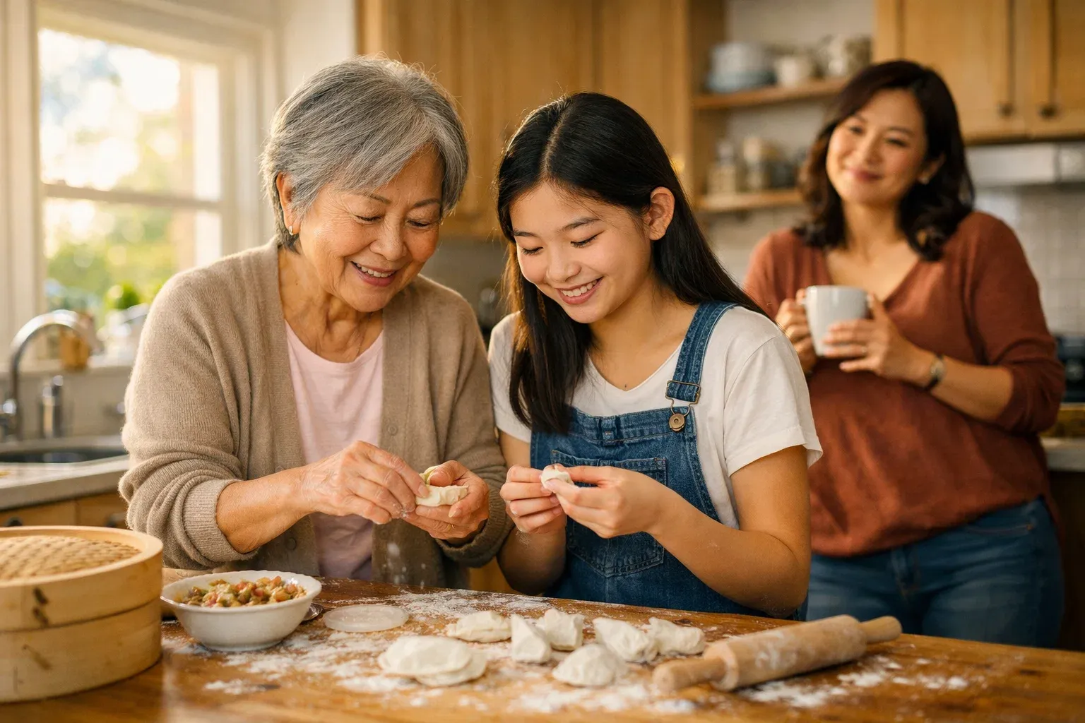 Three generations in a kitchen — grandmother and teenage granddaughter making dumplings while the adult daughter watches with a content smile
