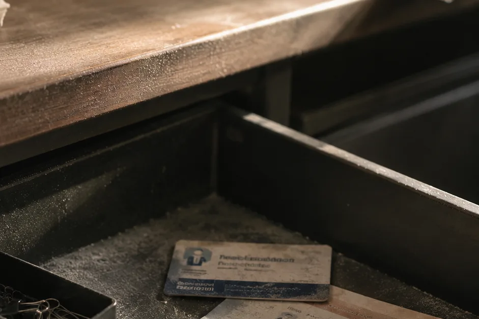 An unused employee-assistance-program wallet card and benefits flyer at the back of a desk drawer, edges curled, lightly dusty.