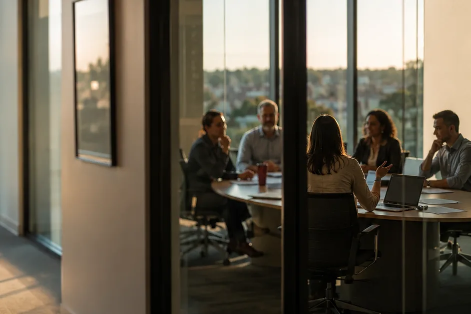A small group of professionals talking informally on a bench in golden-hour light.