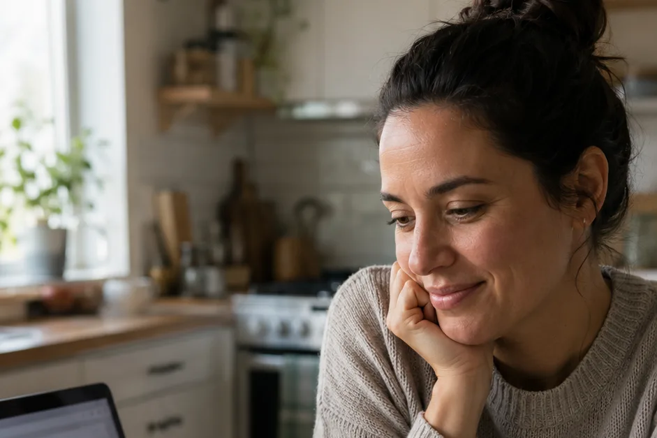 A mid-30s woman at her kitchen table in soft afternoon light, laptop open with a Q&A page, almost-relieved smile after finding the answer she came in skeptical about &mdash; one of two written questions on her notebook already crossed out.