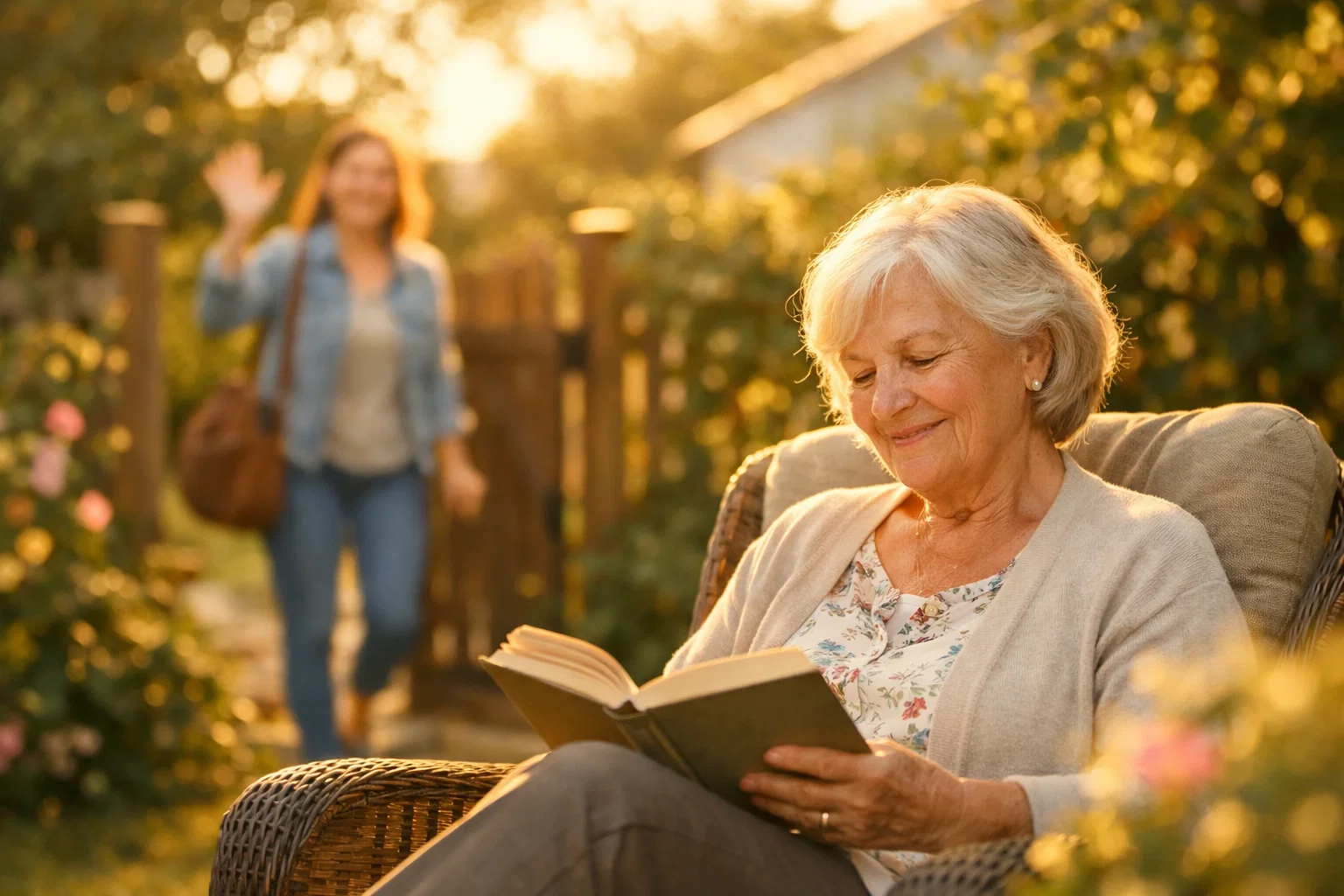 Elderly woman reading contentedly in a garden chair while a younger family member arrives through the gate in the background — life calm because everything is handled.