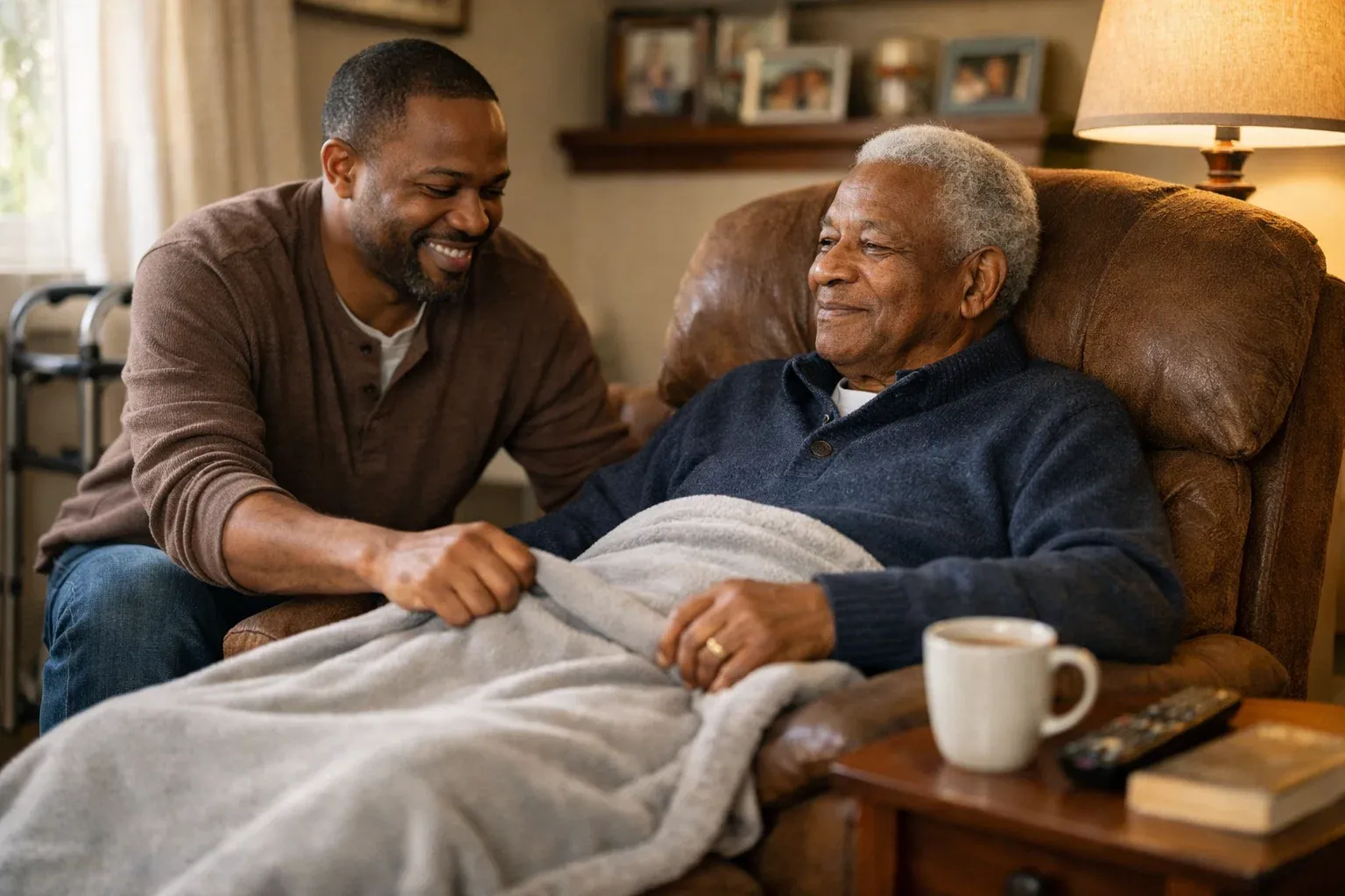 Adult son helping his elderly father settle into a recliner at home, quiet moment of relief after a hospital stay