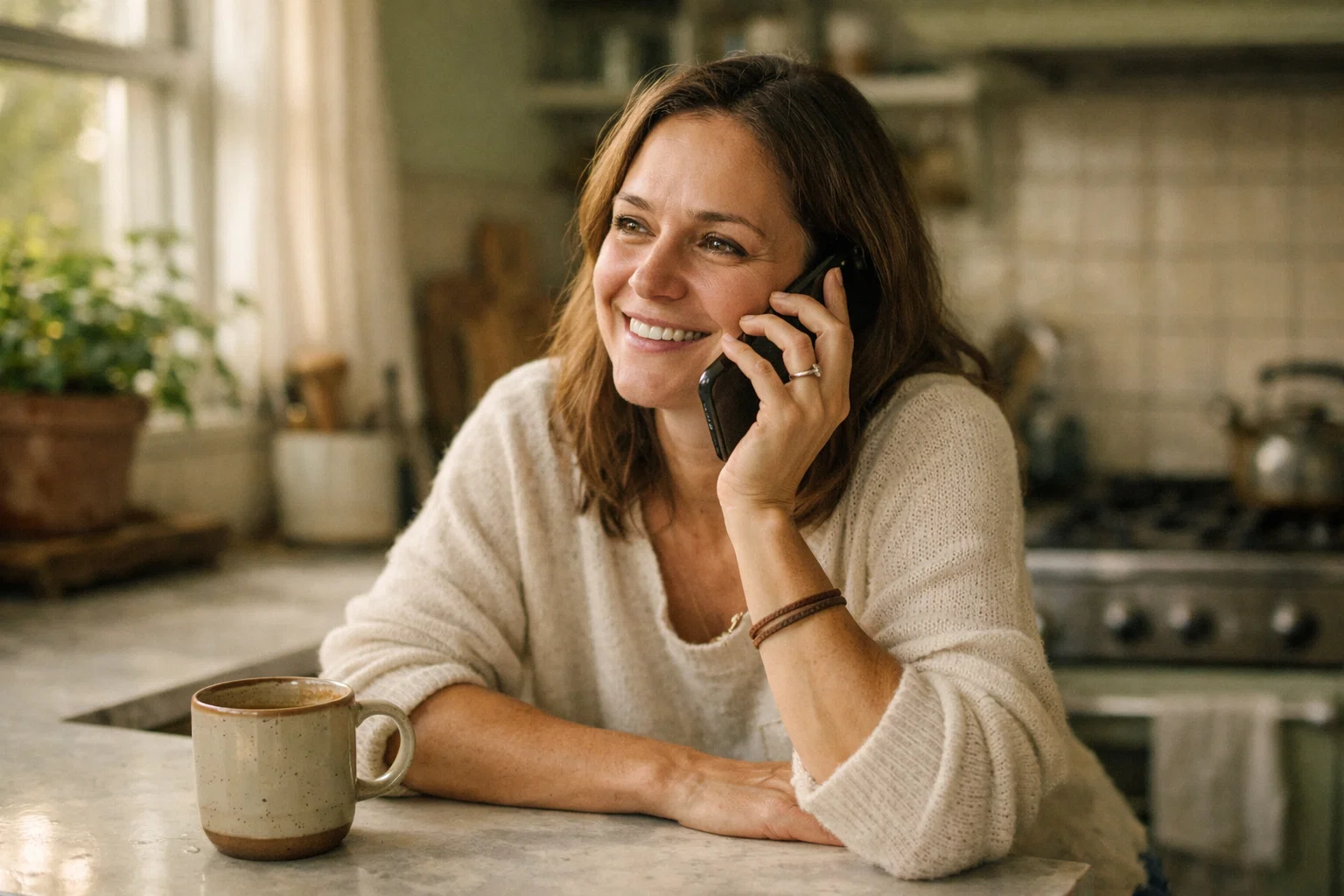 A woman in her late thirties on a phone call in a bright kitchen with a genuine smile, coffee nearby and morning light through the window.